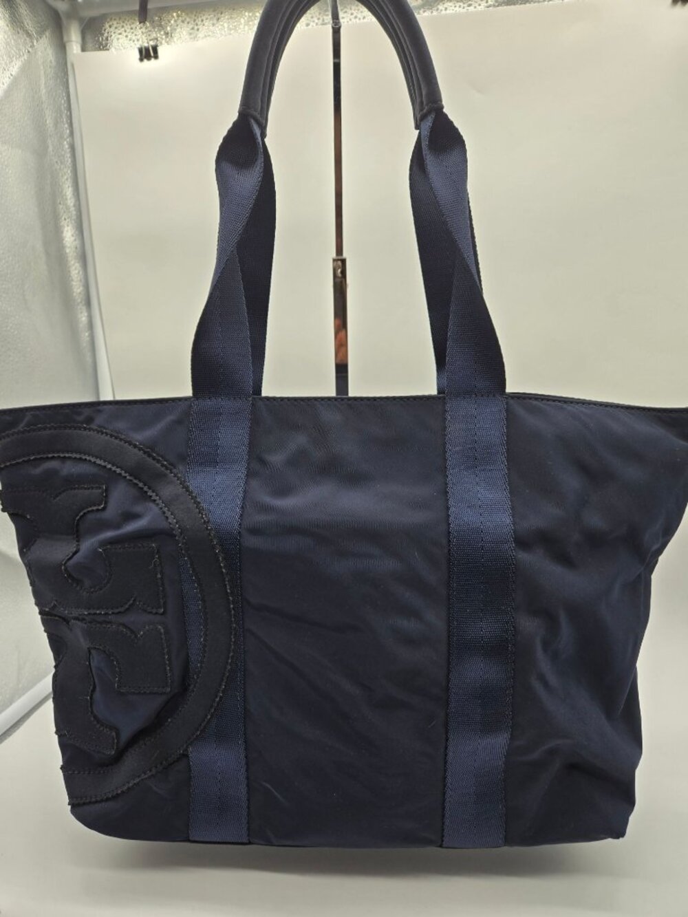 Tory Burch Navy Blue Ella Tote Shoulder Bag Large Nylon Tote with Miller Logo